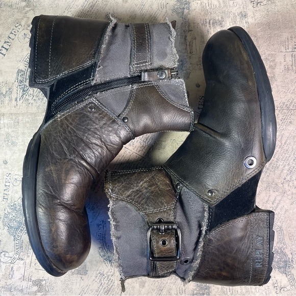 Replay Ankle Boots Zip Side Leather & Denim Deconstructed Biker Boots - Picture 7 of 13